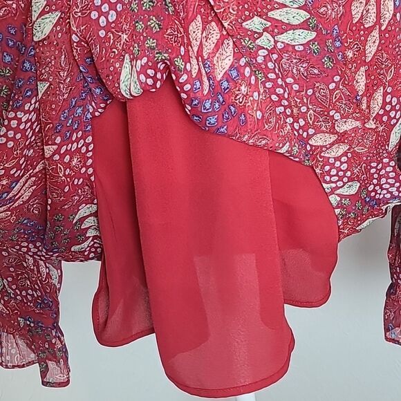 LOFT Red Sheer Blouse, Blue & White Print, Ruffled Collar & Cuffs, Size XL - Picture 9 of 13